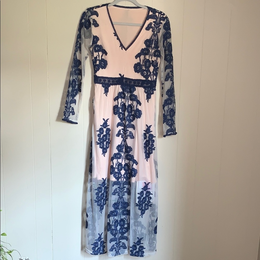 Chicwish Navy Floral Lace Long Sleeve Dress  Small